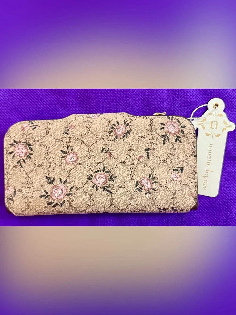 Nanette Lepore Beige Floral Wallet with Pink Rose Accents